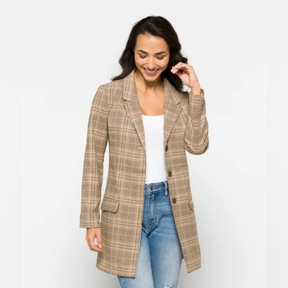Steve‎ Madden Check Yo Self Brown Plaid Longline Blazer Womens Large